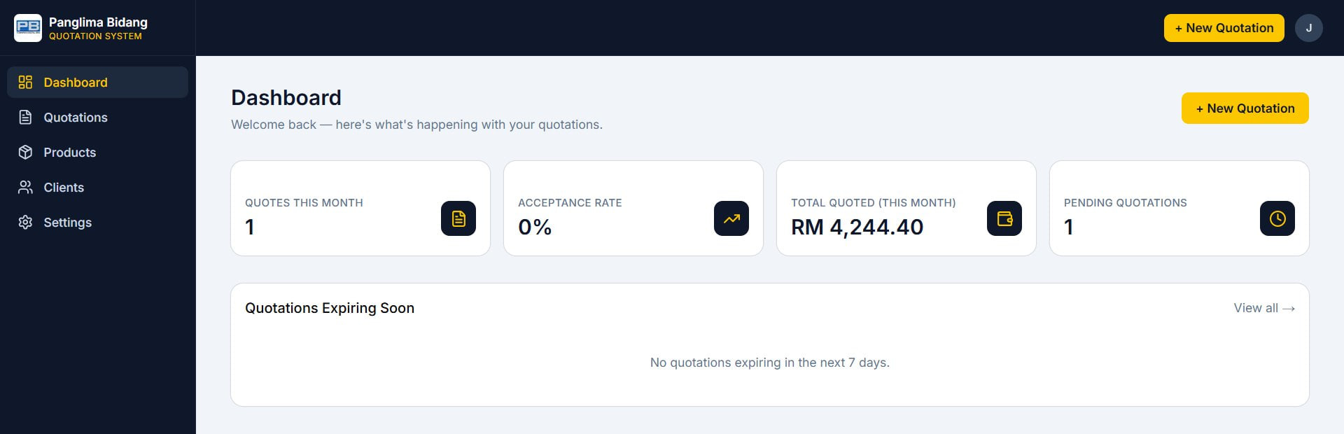 Panglima Bidang 报价系统的 Dashboard：这个月报价 1 张、成交率 0%、这个月报价总额 RM 4,244.40、待确认报价 1 张，下面的「即将到期报价」面板显示 7 天内没有到期的报价。